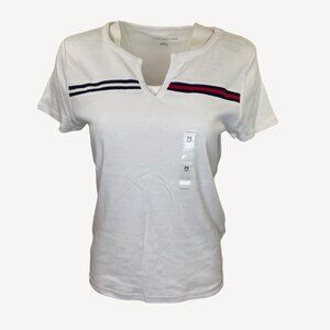 Tommy Hilfiger Womens Split-Top White Tee T-Shirt Striped Red White Blue Size M